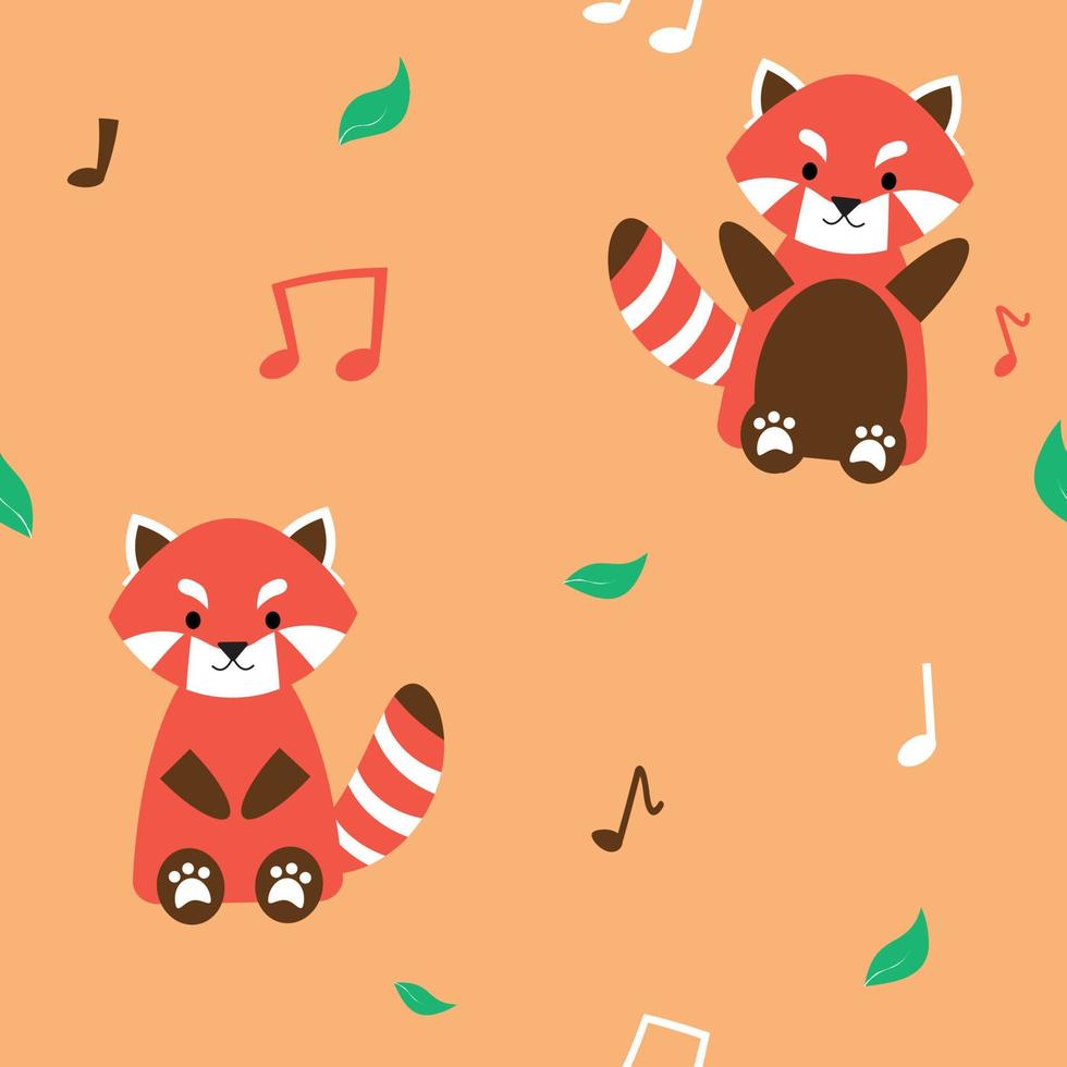 lindo panda rojo con patrón sin costuras de nota musical para impresión o tela vector