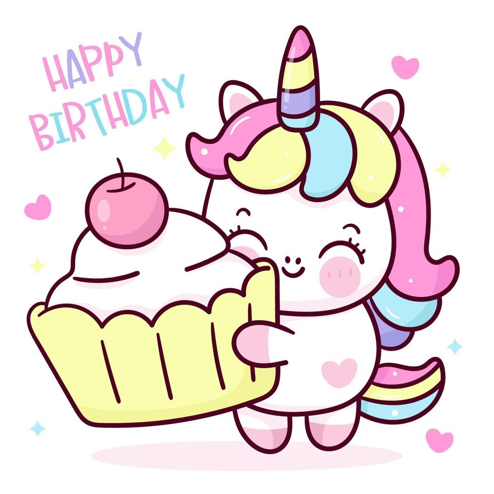 Cute unicorn giant cupcake pony cartoon kawaii illustration vector