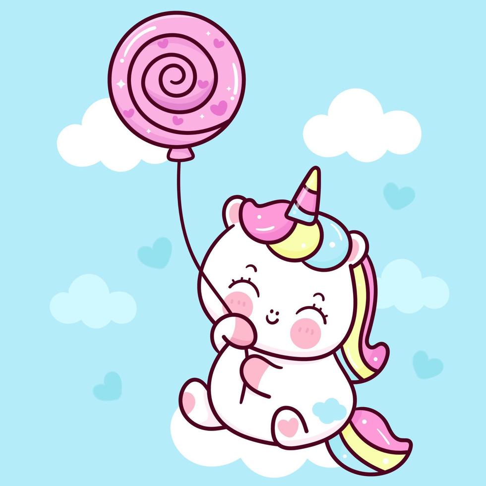 Cute dibujos animados de unicornio y globo de caramelo animal kawaii vector