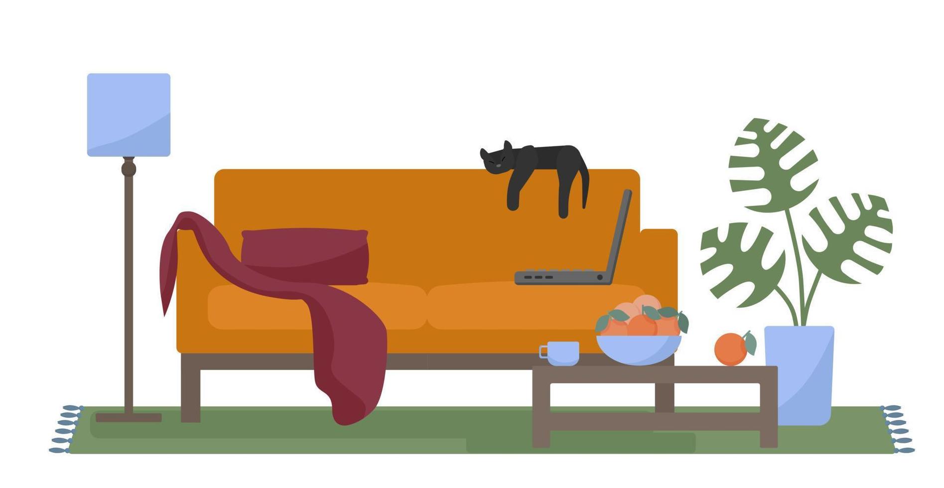 Lounge space or living room interior with a bright cozy sofa, sleeping cat, laptop, home plant, lamp, carpet and coffee table. Relax zone or home office. Isolated on white vector illustration.