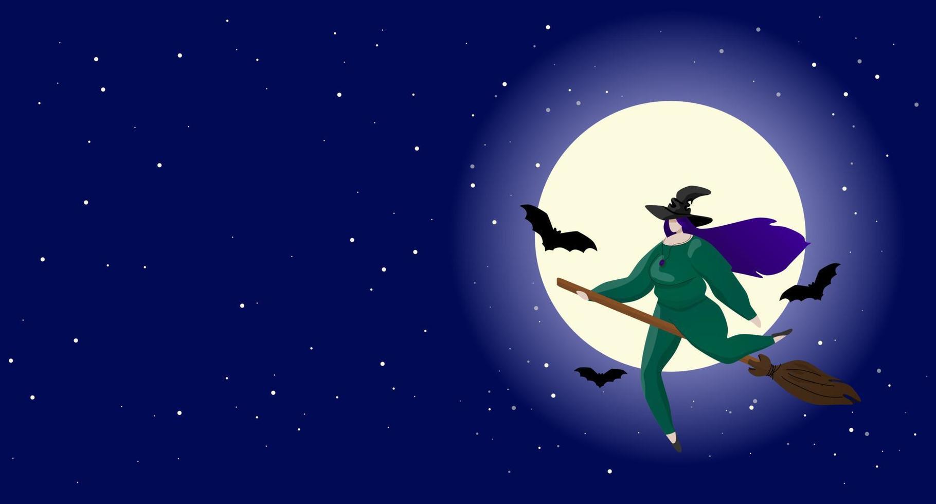 Plus size witch on the broom in front of the big Moon and bats. Halloween design template. Faceless character, flat style vector illustration.