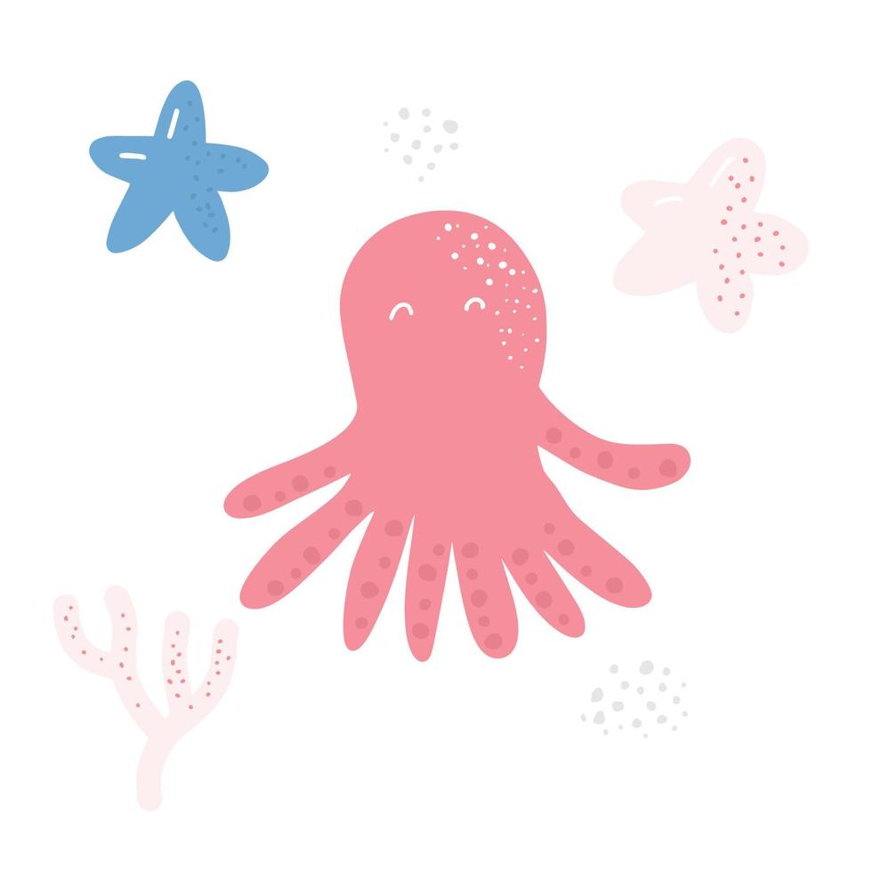 pulpo, estrellas de mar, corales, peces. ilustración de la vida marina. lindo personaje de dibujos animados. elemento de diseño marino náutico colorido para niños de guardería vector