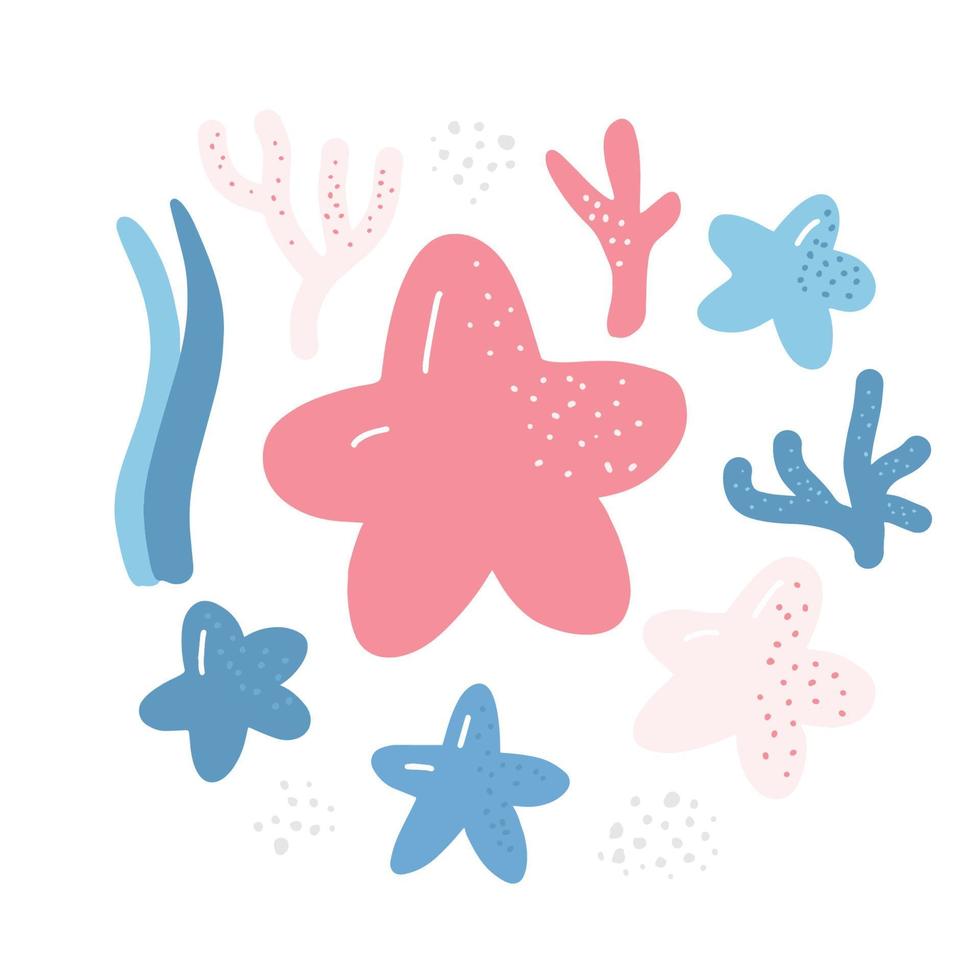 Starfish, algae, corals. Sea life illustration. Cute cartoon character. Colorful nursery kids nautical marine design element vector