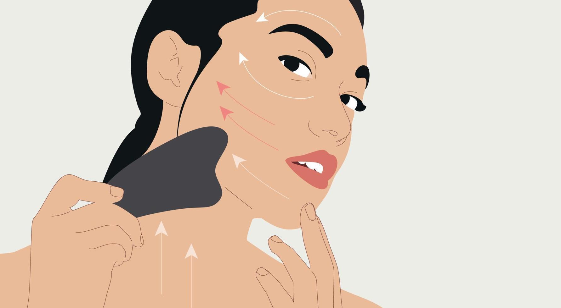 mujer con herramienta de masaje facial gua sha. primer plano de retrato femenino con líneas de masaje en la cara. esquema de masaje linfático. ilustración vectorial vector