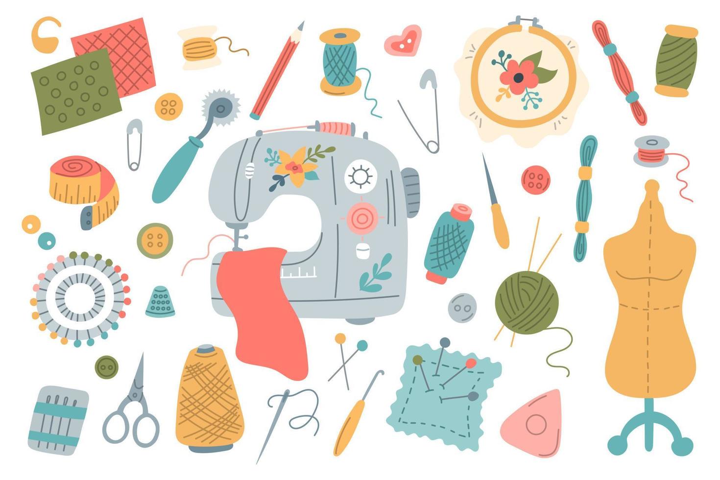 Set of sewing elements for needlework and embroidery. Scissors, needles, thread, sewing machine and buttons. Vector illustration in flat style