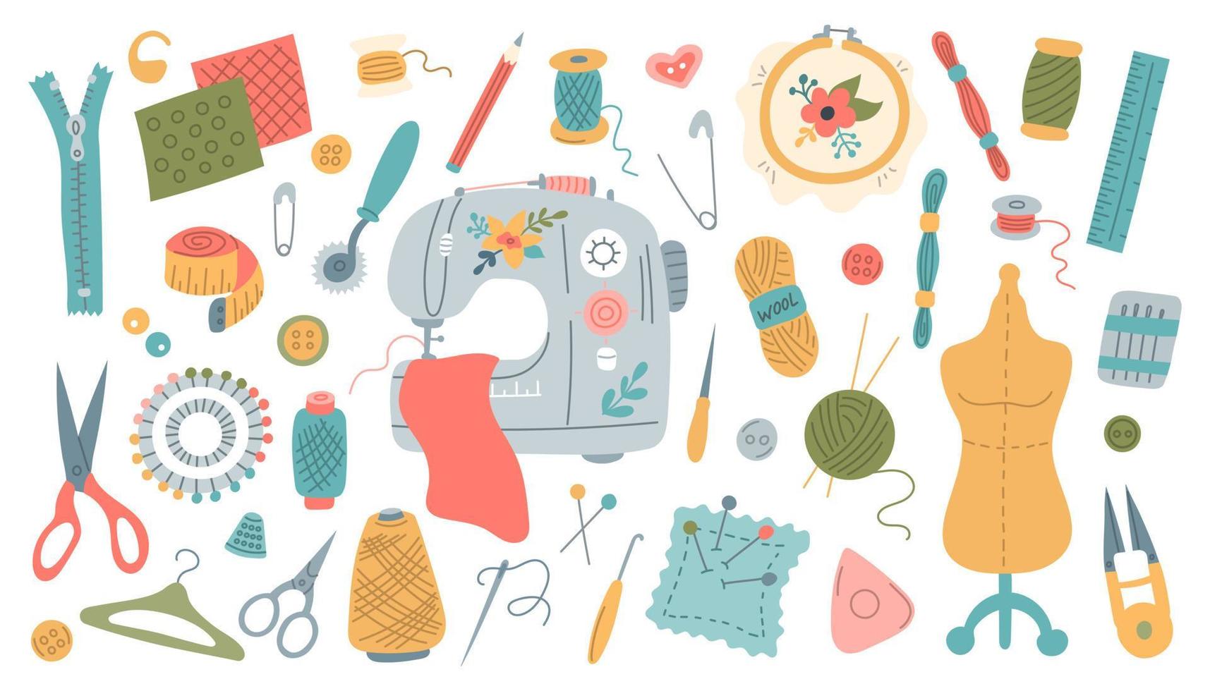 A Set Of Sewing Tools. Threads, Needles, Buttons And Sewing Machine,  Mannequin And Fabric Cuts. Royalty Free SVG, Cliparts, Vectors, and Stock  Illustration. Image 169144742.