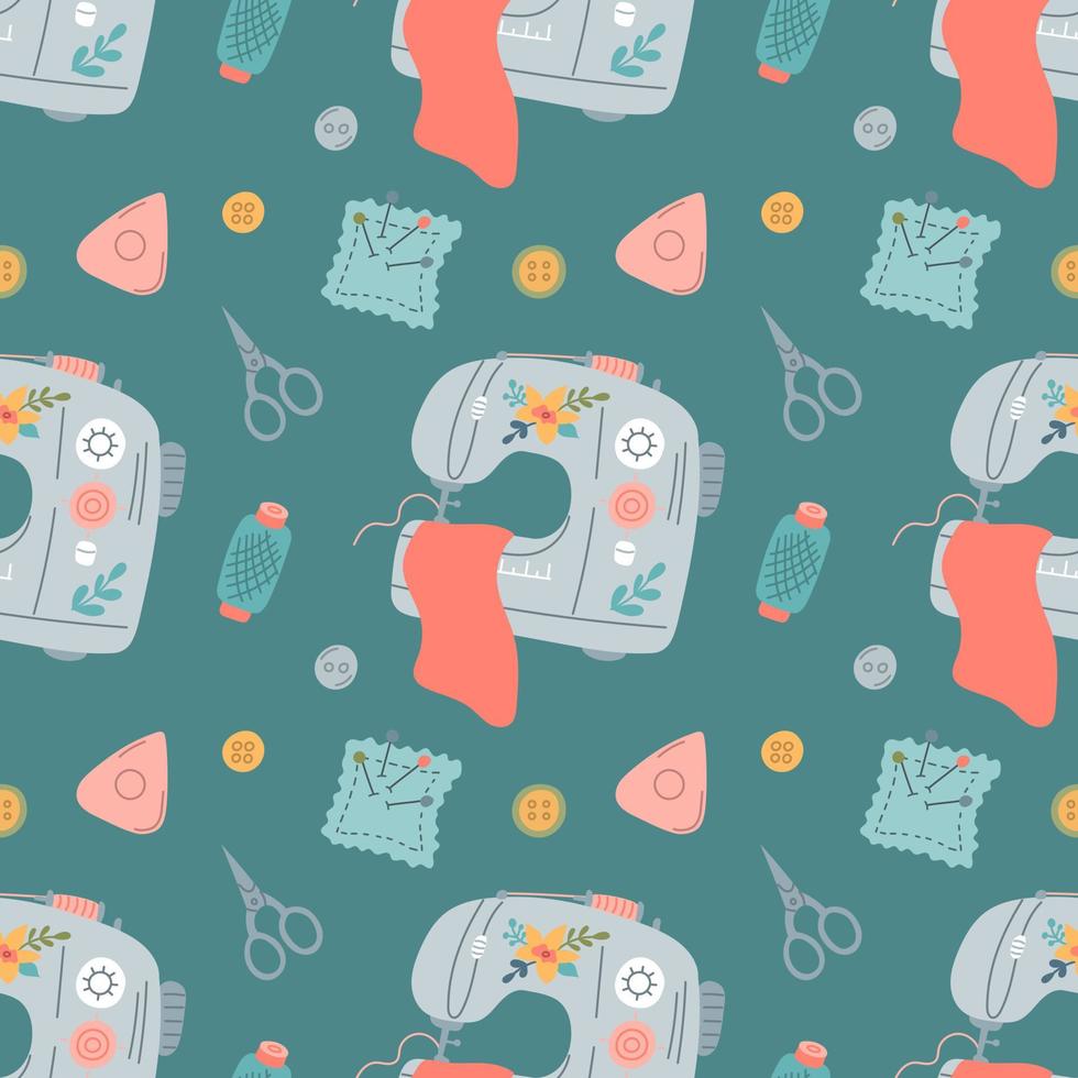 Set of sewing elements for needlework. Vector seamless pattern in flat style