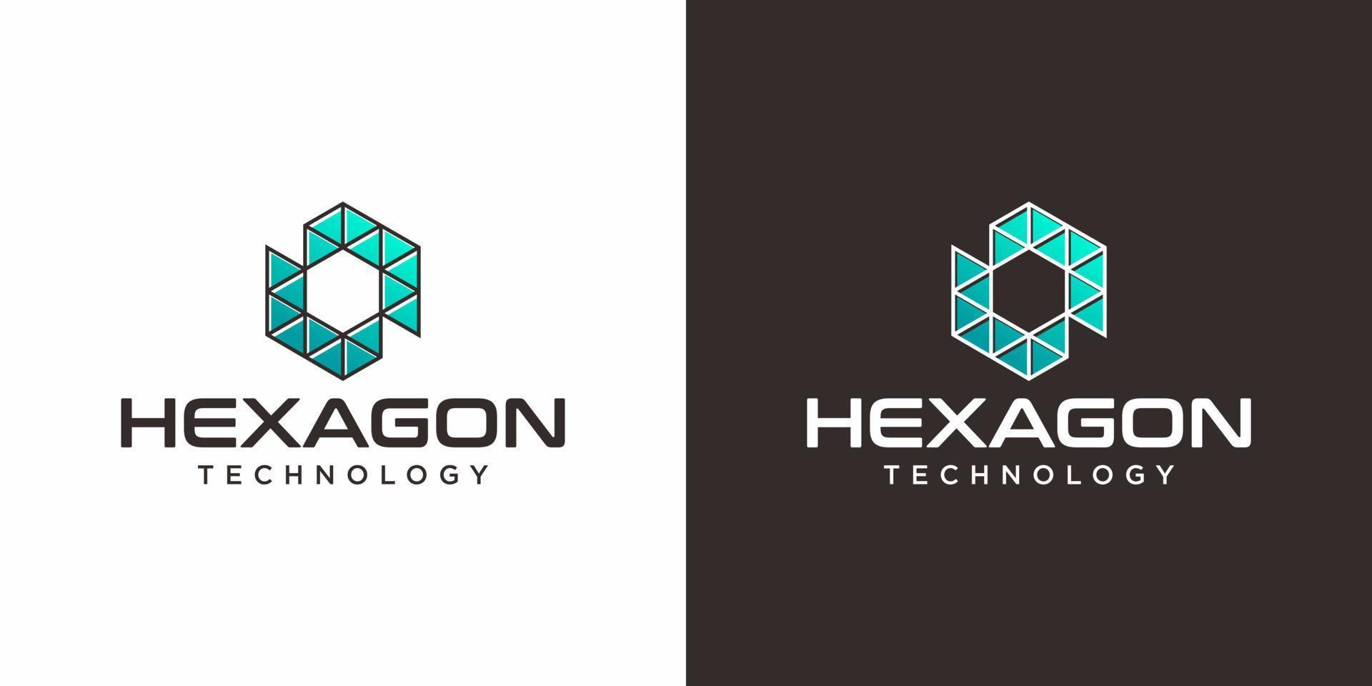 diseño de logotipo de tecnología hexagonal con fondo claro y oscuro. vector