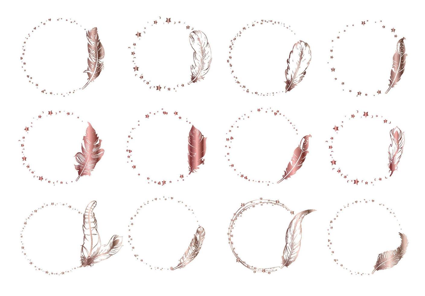 Set of beautiful feather wreath, Hand drawn boho feather frame. Vector illustration.