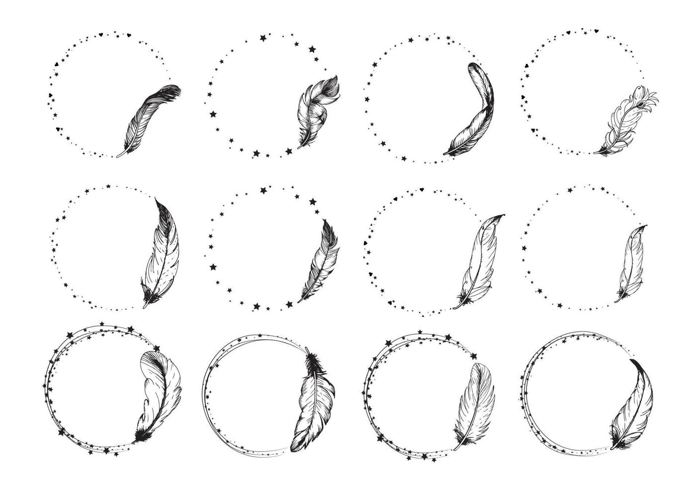 Set of beautiful feather wreath, Hand drawn boho feather frame. Vector illustration.