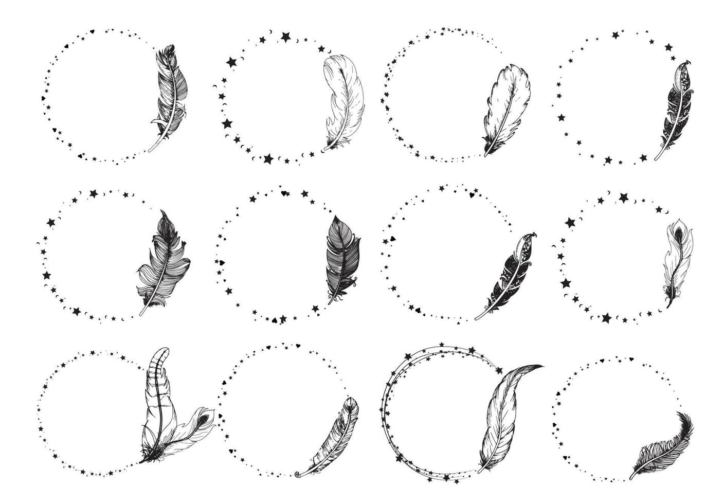 conjunto de hermosa corona de plumas, marco de plumas boho dibujado a mano. ilustración vectorial vector
