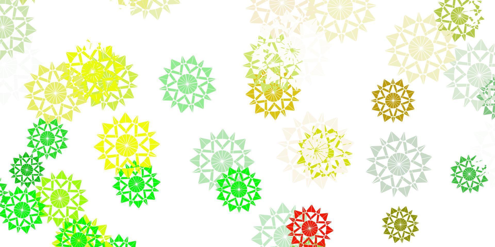 textura de vector verde claro, amarillo con copos de nieve brillantes.