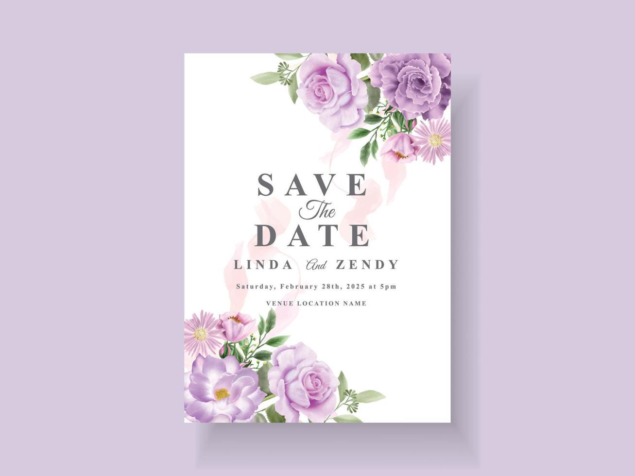 Beautiful purple flowers wedding invitation card template vector