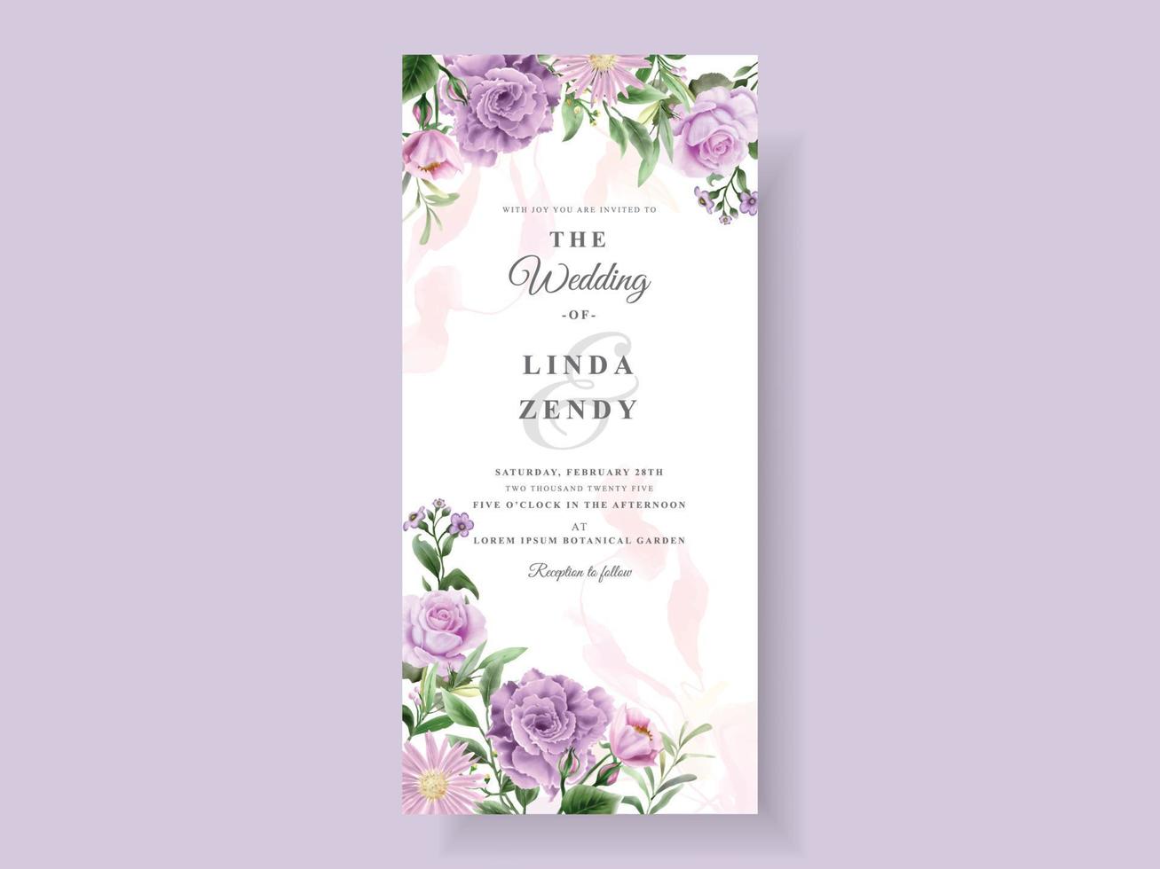 Beautiful purple flowers wedding invitation card template vector