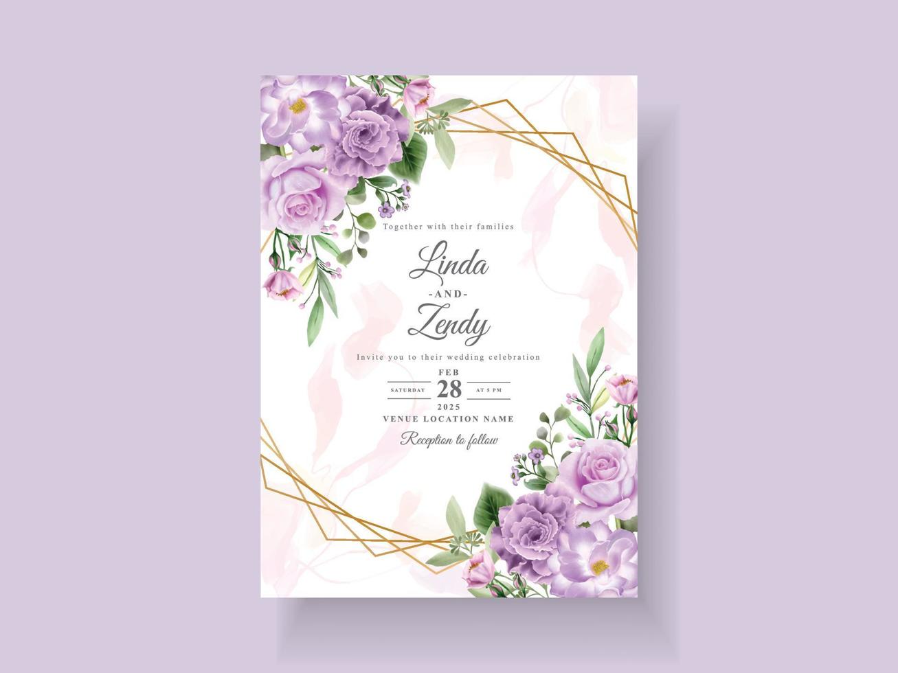 hermosa plantilla de tarjeta de invitación de boda de flores moradas vector