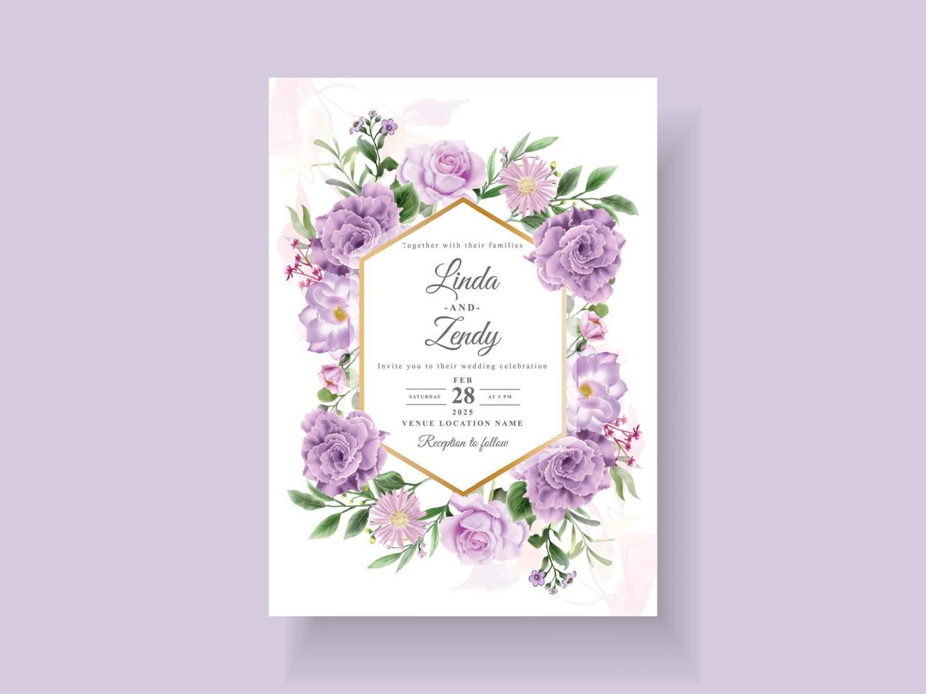 Beautiful purple flowers wedding invitation card template vector