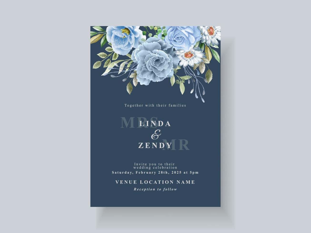 Beautiful blue flowers wedding invitation card template vector