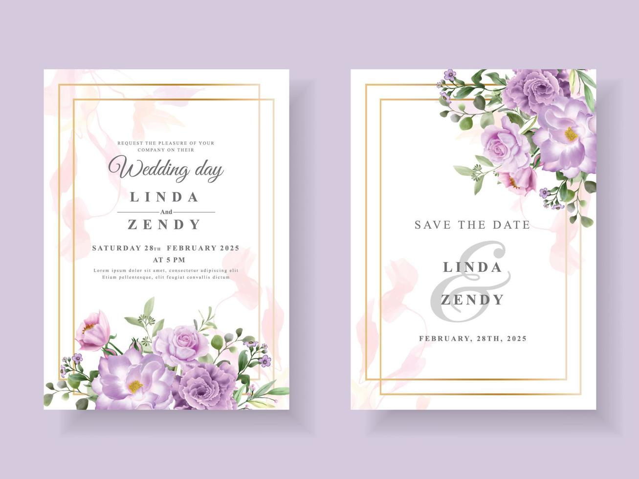 Beautiful purple flowers wedding invitation card template vector