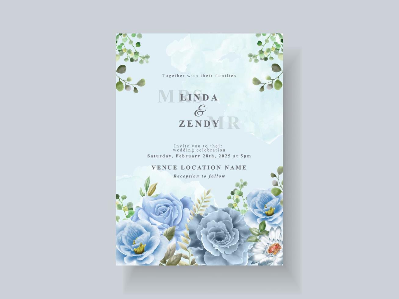 Beautiful blue flowers wedding invitation card template vector