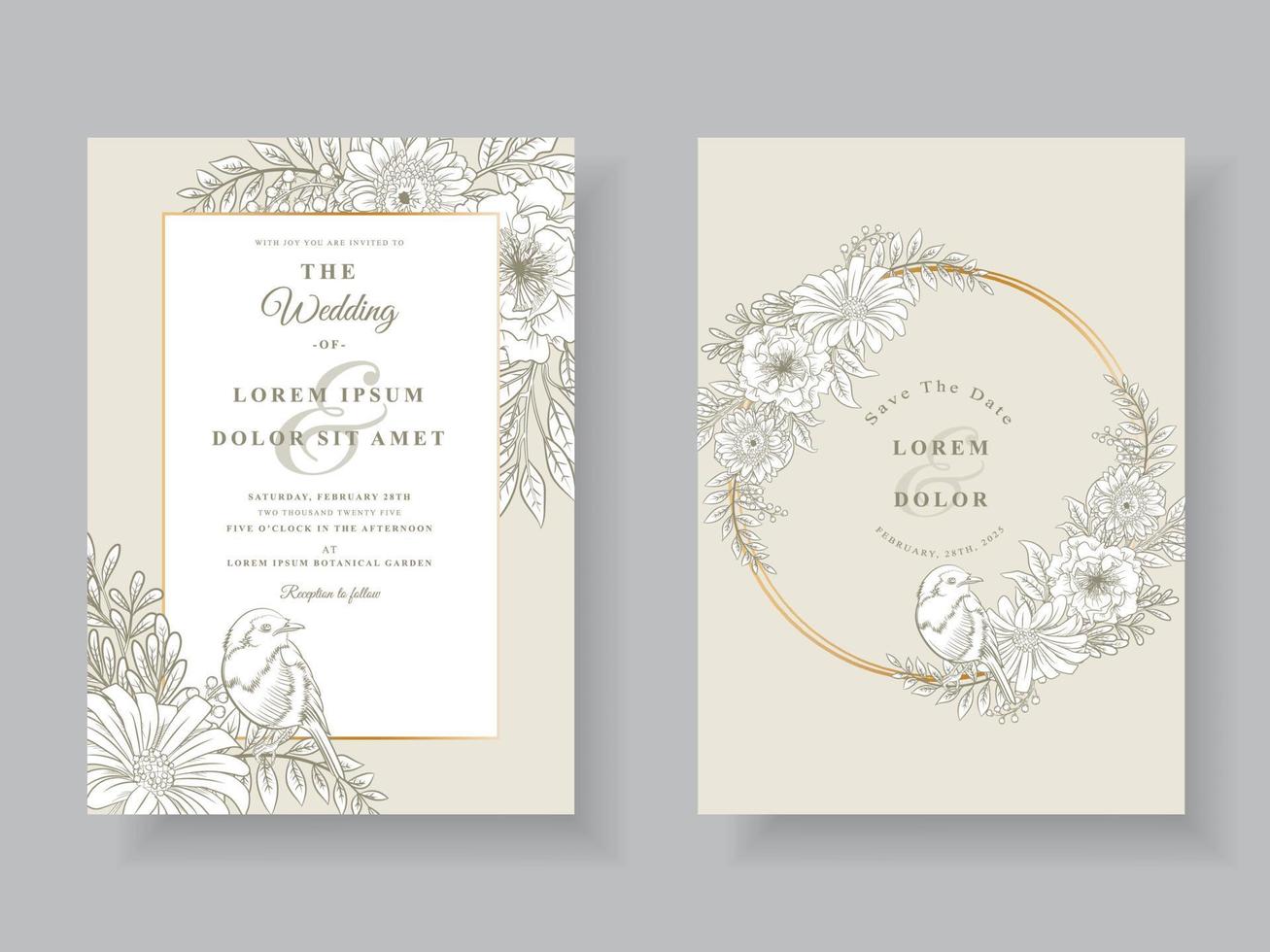 Minimalist wedding invitations card floral line art vector