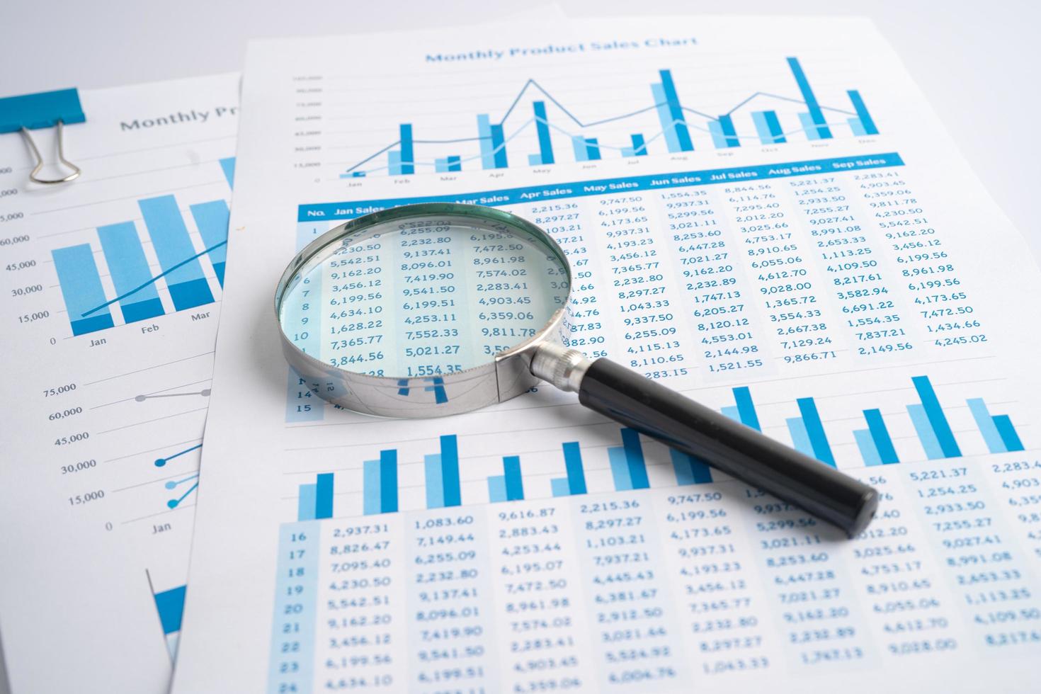 Magnifying glass on charts graphs paper. Financial development, Banking Account, Statistics, Investment Analytic research data economy, Stock exchange trading, Business office company meeting concept. photo