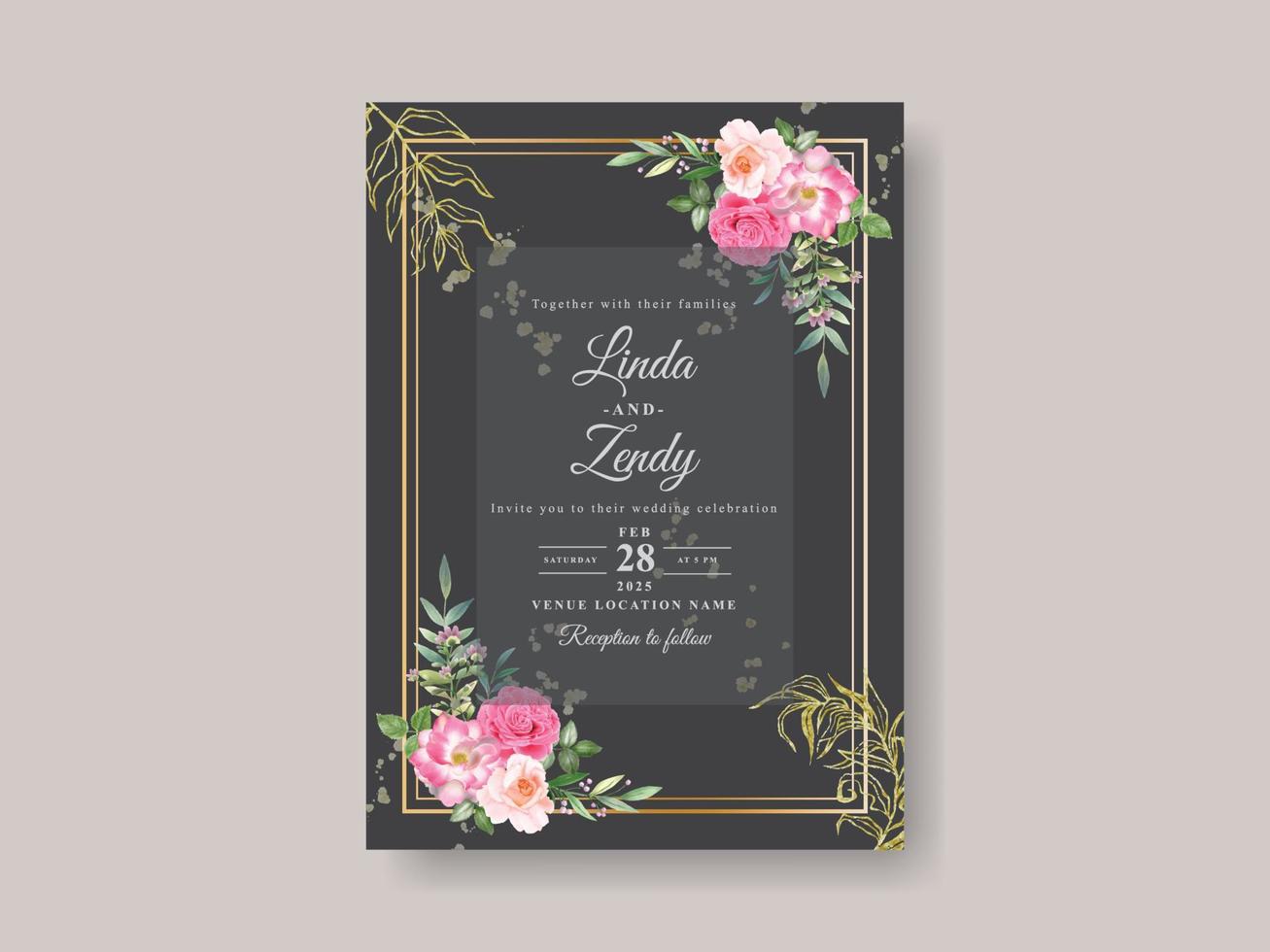Beautiful pink flowers wedding invitation card template vector