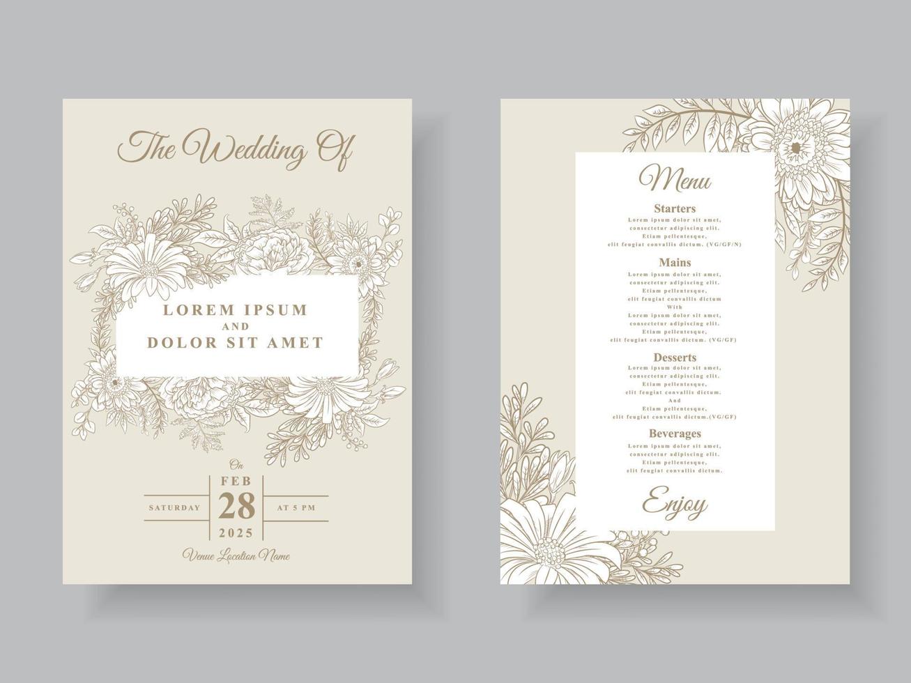 Minimalist wedding invitations card floral line art vector