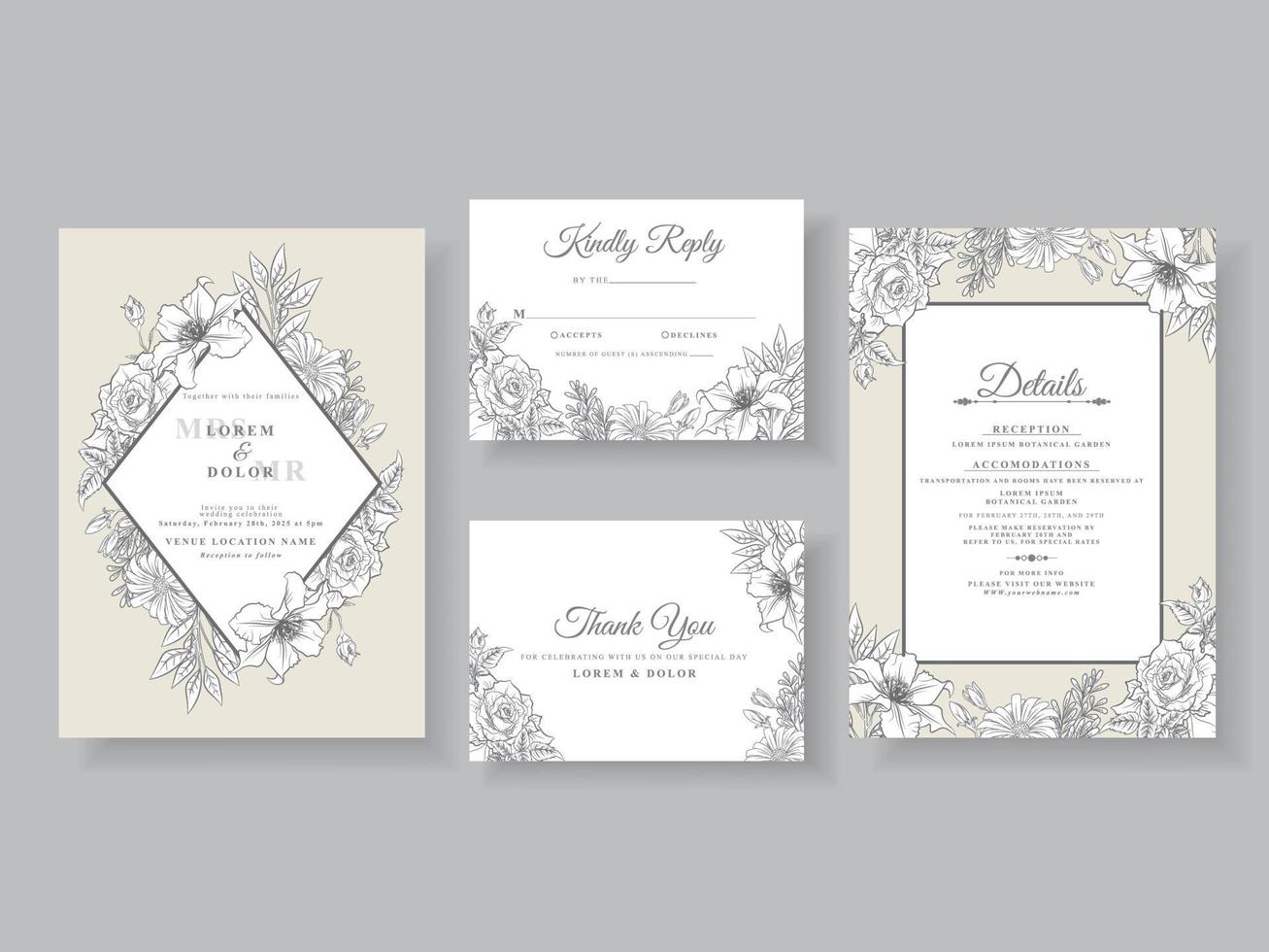 Minimalist wedding invitations card floral line art vector