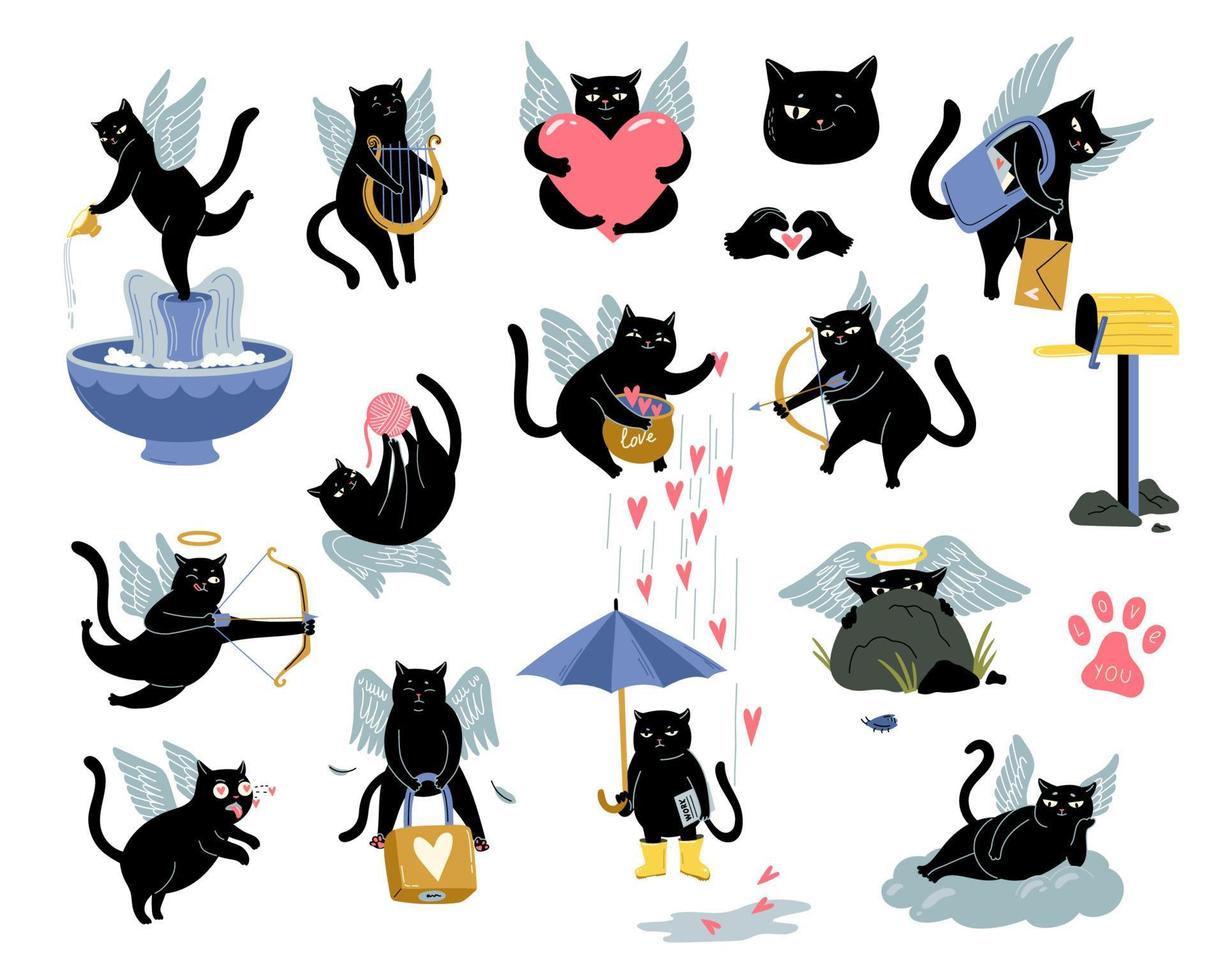 lindo juego de cupido de gatos negros. corazones, alas. colección de amor. vector