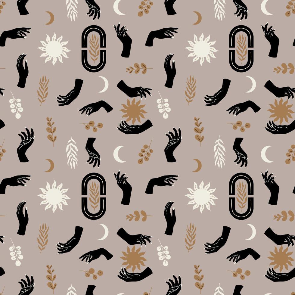 Seamless boho modern pattern with hands holding sun and vase with flowers. Vector abstract aesthetic illustration and bohemian contemporary