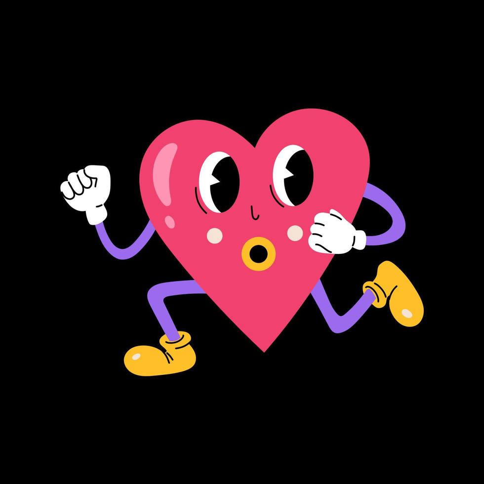 Retro 30s cartoon and comics character face. Traditional vintage running heart illustration on black background vector