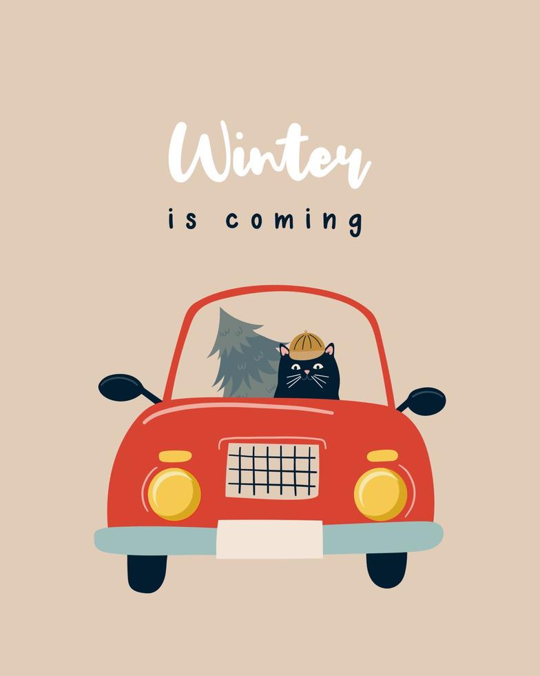 Funny Black cat driver carries a Christmas tree in a red car. Christmas and New Year illustration, greeting card vector