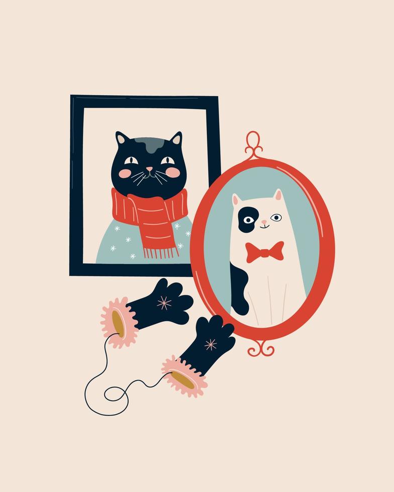 Portraits in frame of different cats and mittens. Christmas and New Year illustration, greeting card vector