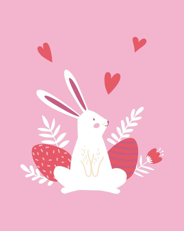 feliz cartel de Pascua, impreso, tarjeta de saludo o pancarta con huevos, conejitos blancos o conejos, flores de primavera, plantas y corazón sobre fondo rosa. ilustración vectorial dibujada a mano. vector