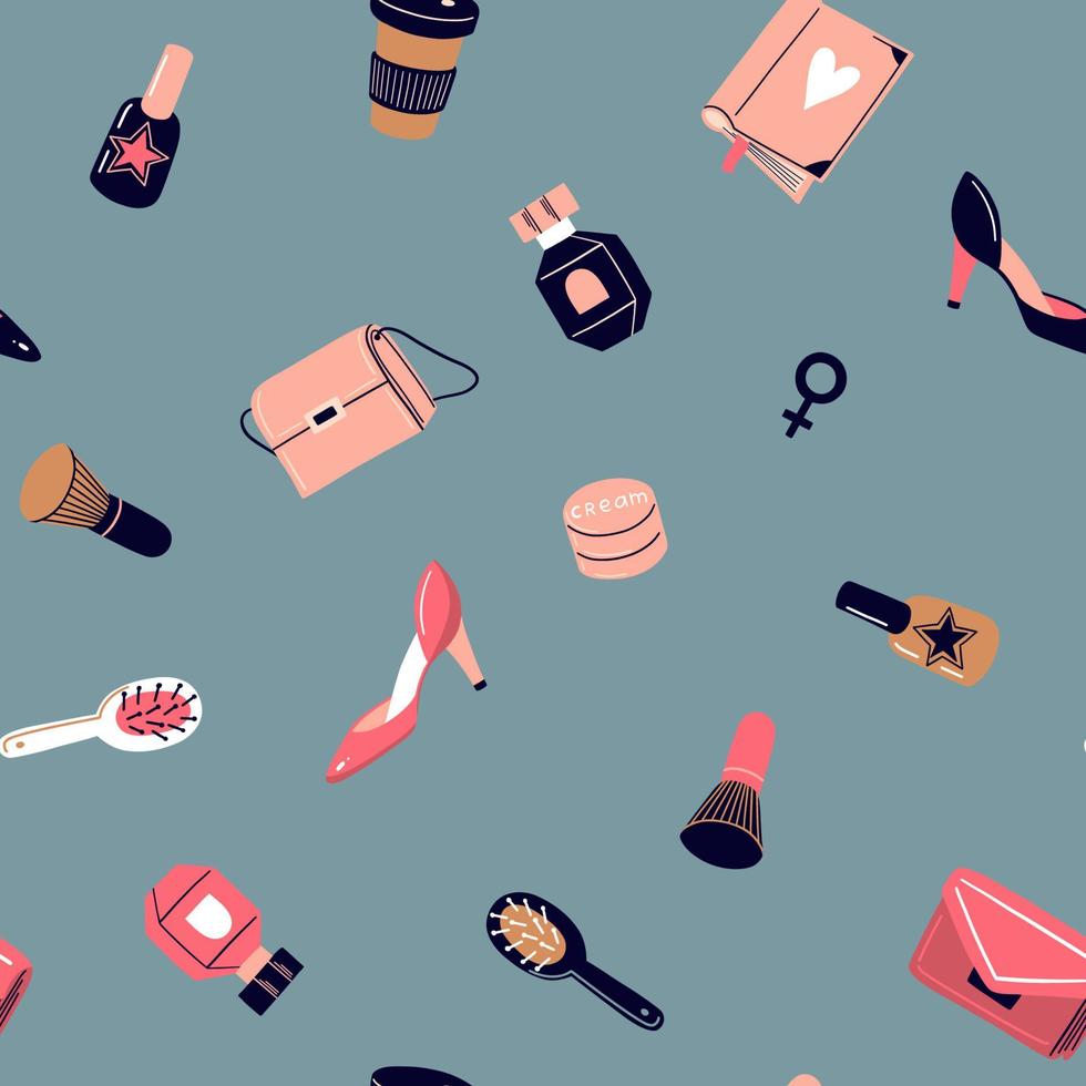 Vector seamless pattern with cosmetics, girls different items and stuff. Feminism concept.