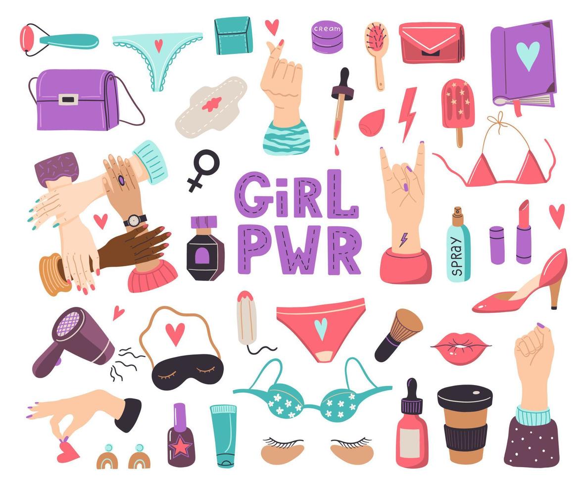 Vector feminism concept set. Girl power collection with different items, hand gestures, cosmetics and  girls stuff . Woman elements for prints, stiskers, decoration, design.