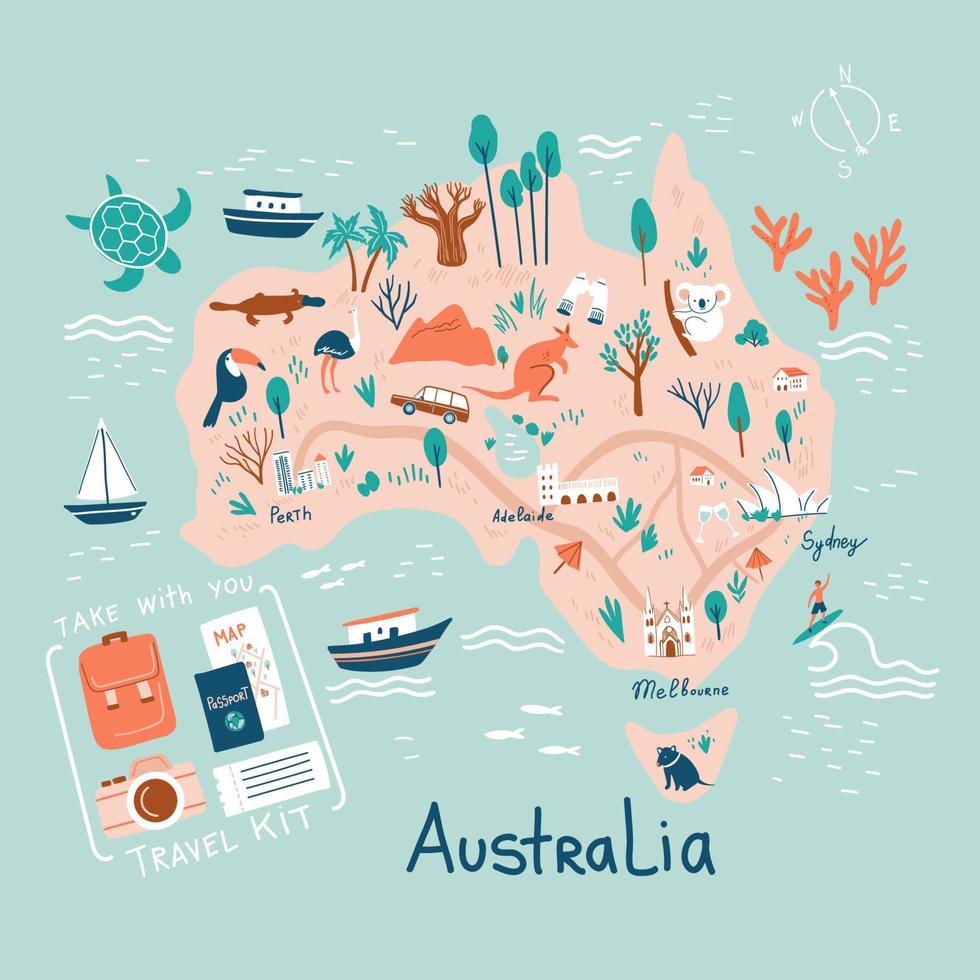 Doodle Australia map. Travel guide. Hand drawn vector illustration.