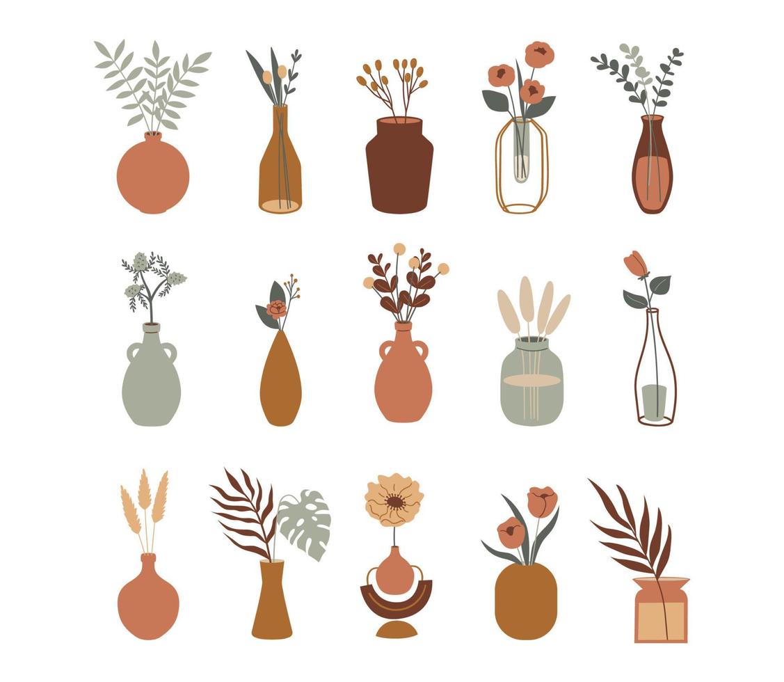 Boho set of blooming flowers in vases and bottles isolated on white background. Vector  Modern collection. Flat cartoon aesthetic illustration.