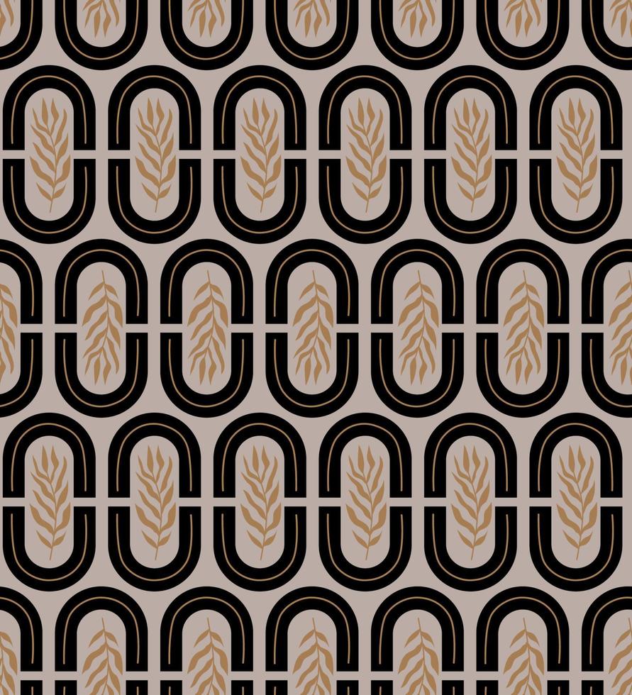 Vector seamless pattern with modern arch, palm leaves, plant, abstract shapes and form. Bohemian aesthetic abstract illustration