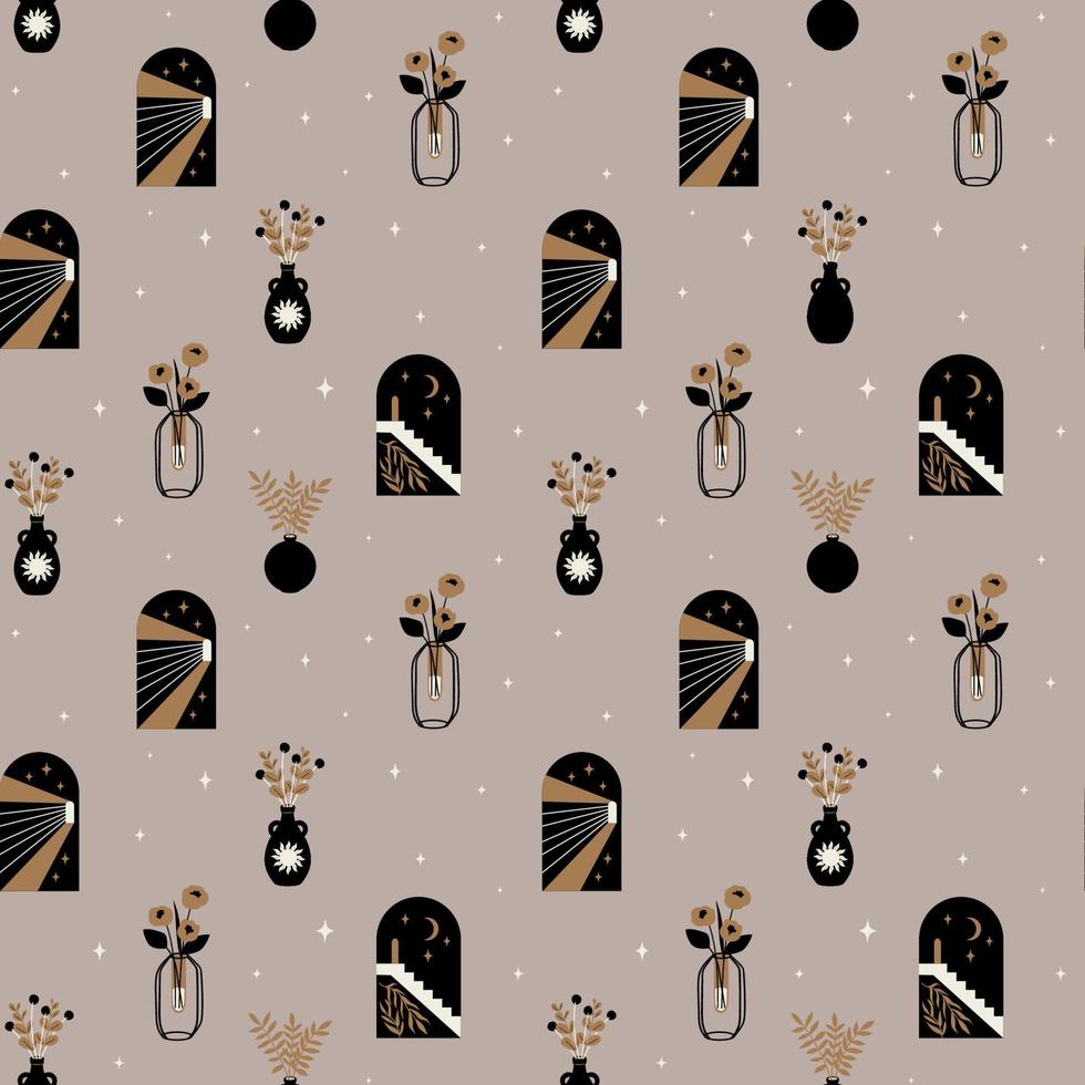 Vector seamless pattern with modern arch, sun, half moon and flowers in a vases. Bohemian aesthetic abstract illustration