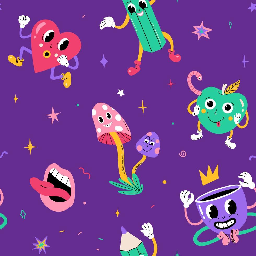 Seamless trendy pattern with traditional cartoon characters vector