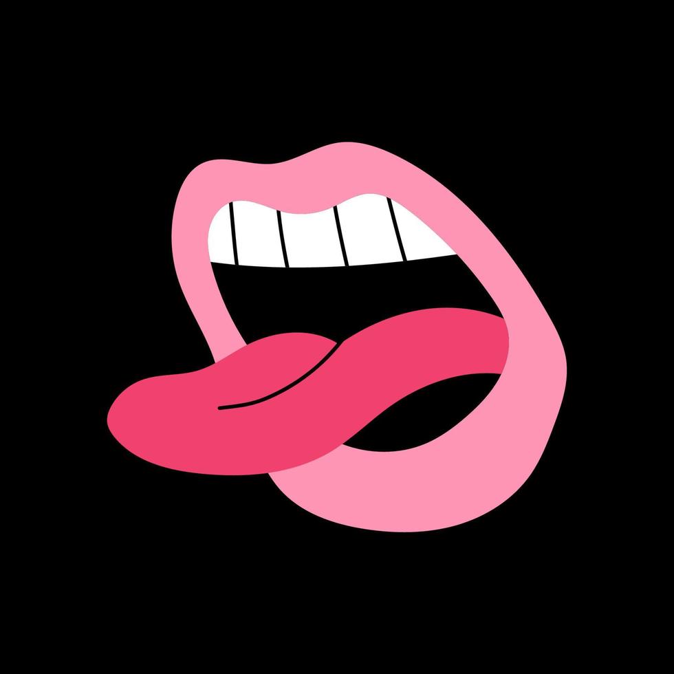 Retro 30s cartoon and comics . Traditional vintage illustration open mouth with sticking out tongue on black background vector