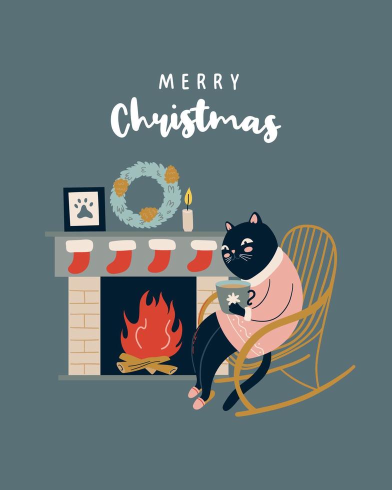 Funny black cat is sitting by the fireplace in a cozy armchair at home. Christmas and New Year illustration, greeting card vector