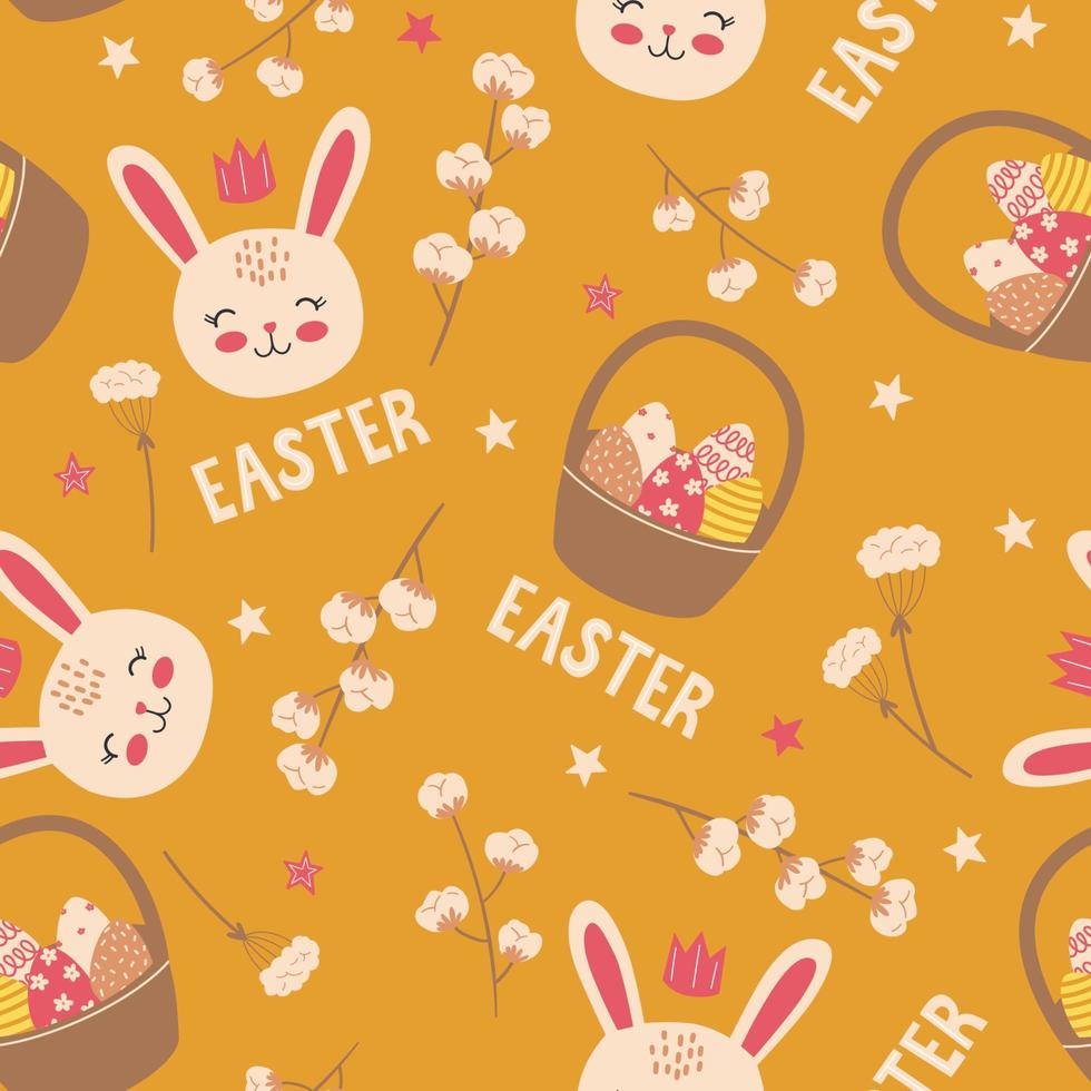 Seamless pattern with bunnies, rabbit, eggs, basket and a sprig of cotton for Easter. Vector design perfect for fabric, textile, wrapping paper, wallpaper and print.