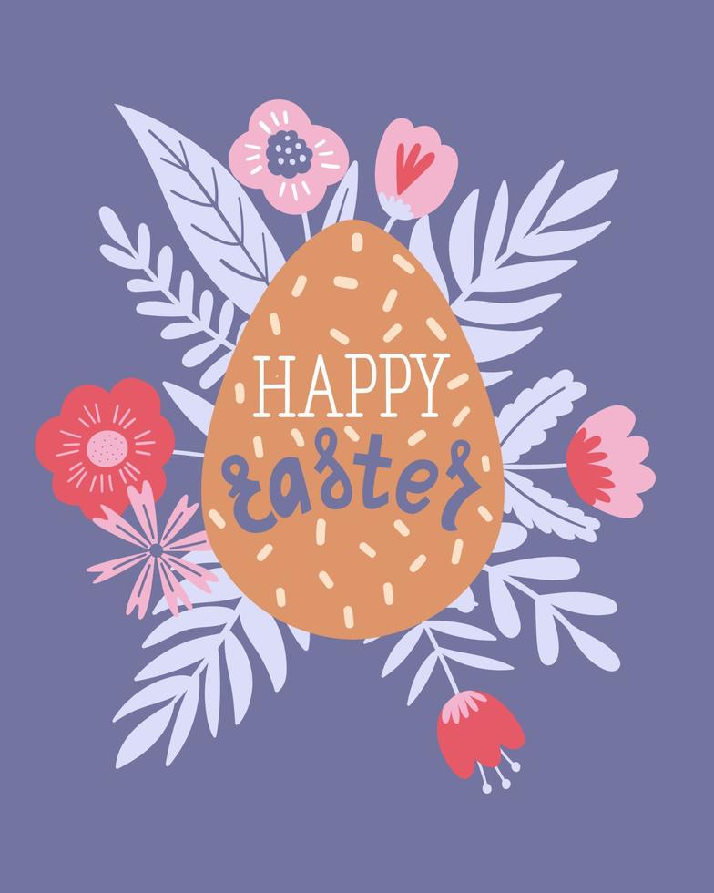 feliz cartel de Pascua, impreso, tarjeta de felicitación o pancarta con huevos, flores de primavera, plantas y letras o texto. ilustración vectorial dibujada a mano. vector