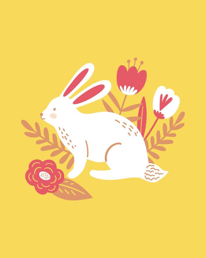 Happy Easter poster, print, greeting card or banner with  white bunny or rabbit, spring flowers and plants. Vector hand drawn illustration.