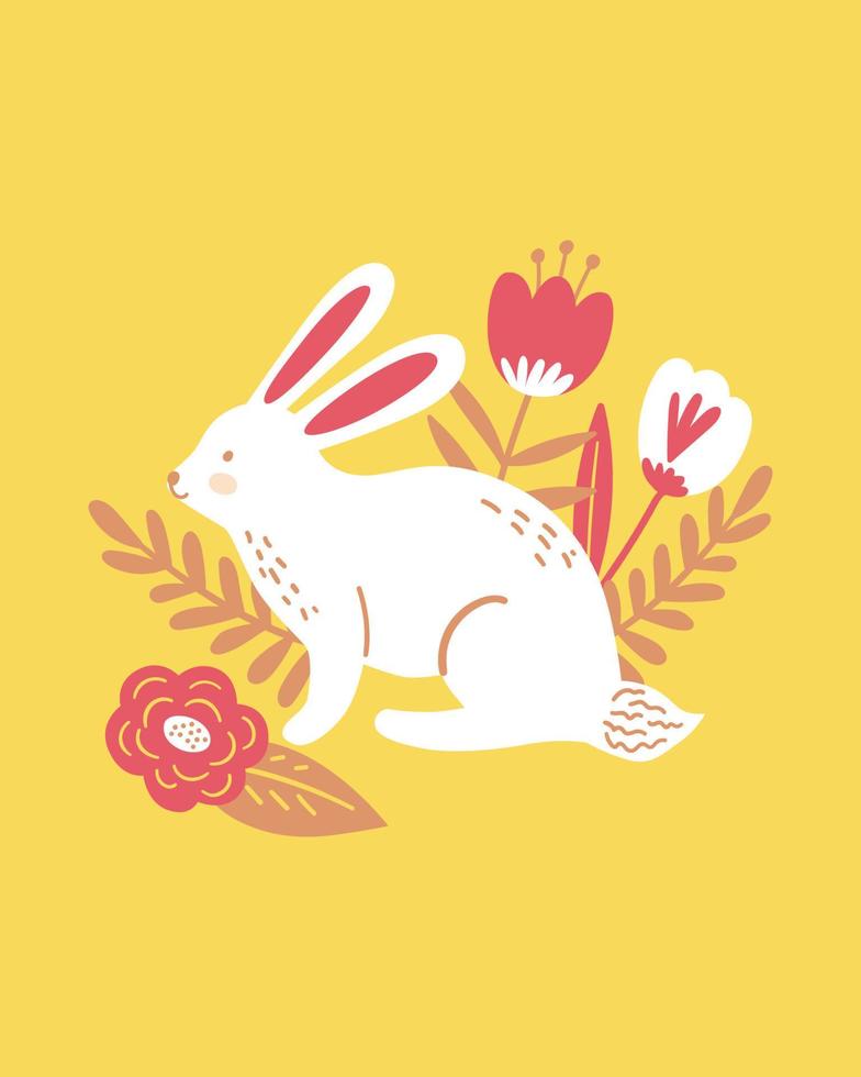 feliz cartel de Pascua, impreso, tarjeta de saludo o pancarta con conejito blanco o conejo, flores de primavera y plantas. ilustración vectorial dibujada a mano. vector