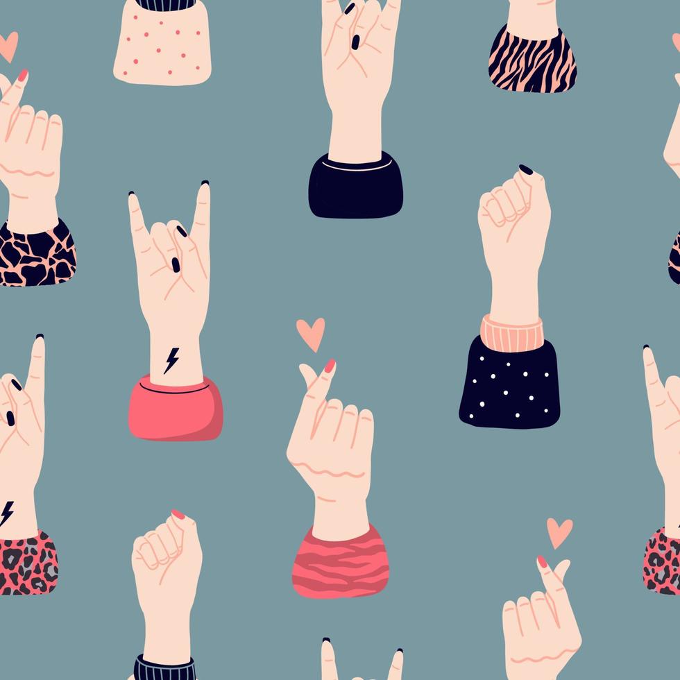 Vector seamless pattern with girls hands and various gestures. Girl power and feminism consept.  International women day, girl protest