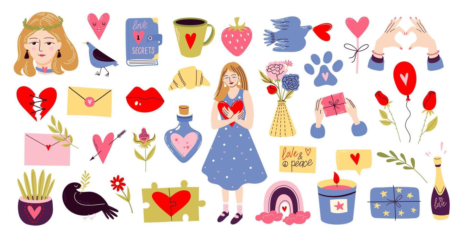 Love and peace elements set, stickers, icon. Cartoon funny illustration with heart, flower, girl, bird, gift etc. Romantic collection vector