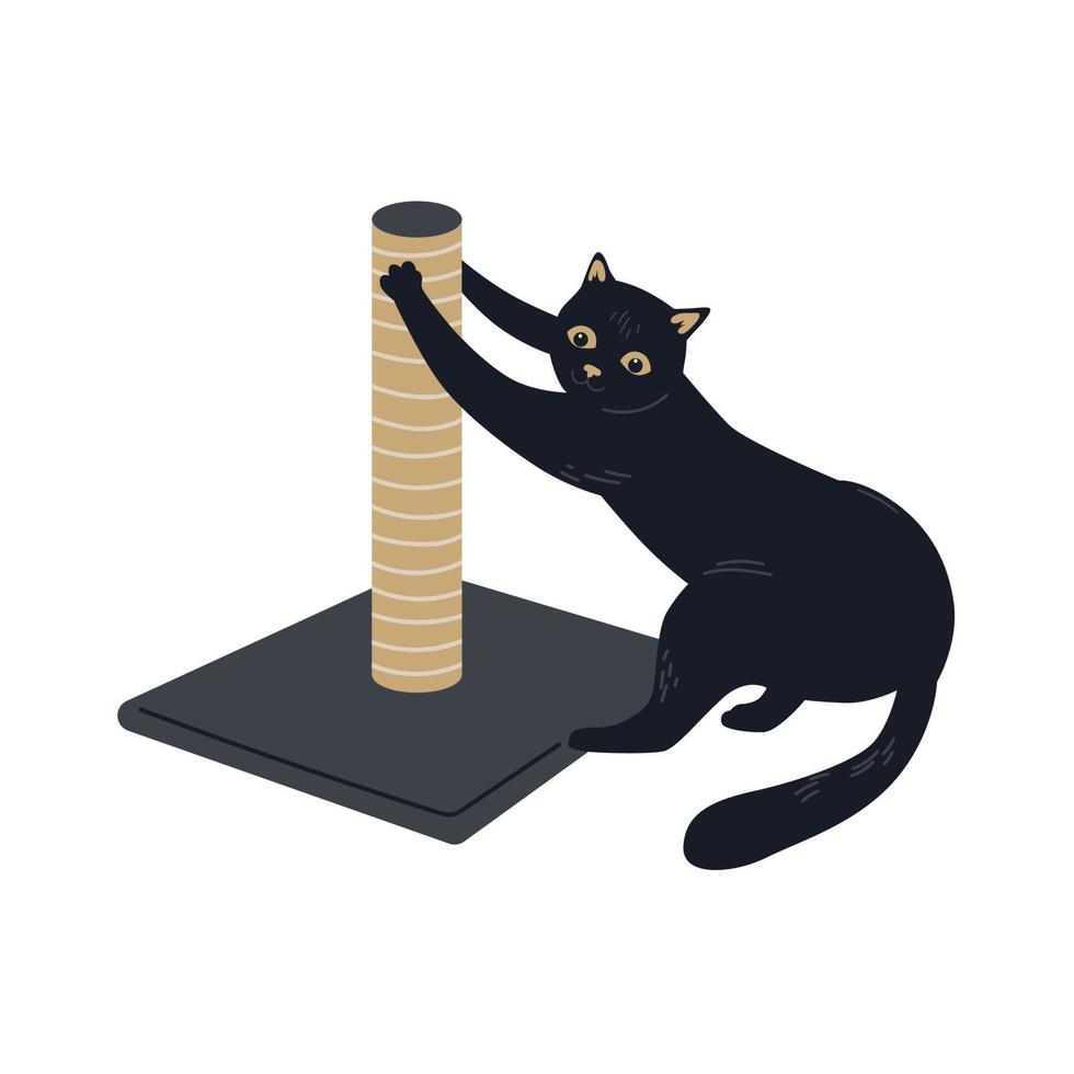 Black Cat and the scratching post. Cat sharpening her claws. Vector cute character design